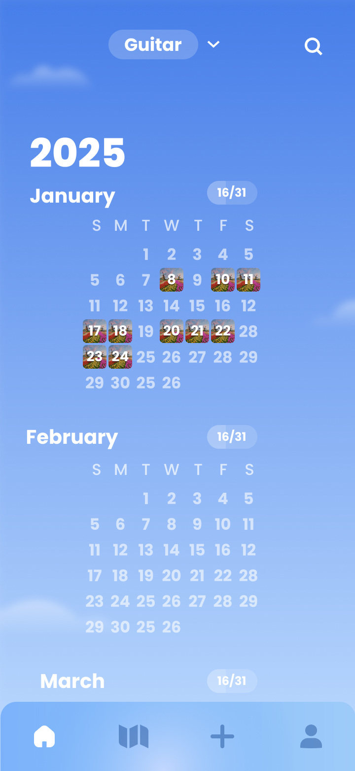 Year overview showing months of January, February and March with photo days highlighted