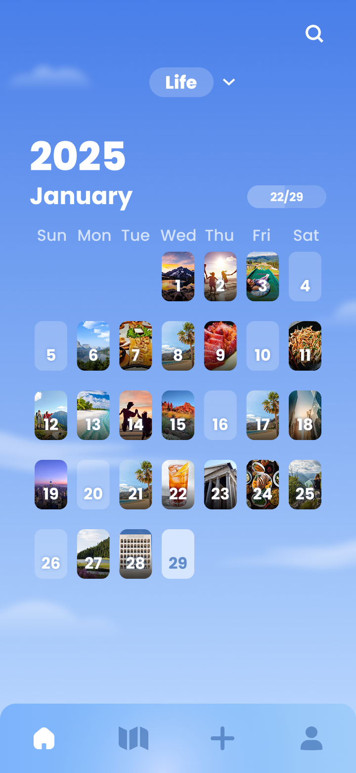 Monthly calendar view with photo thumbnails on each day